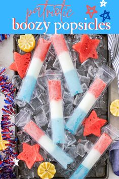 patriotic popsicles on ice with lemon wedges and red, white and blue decorations