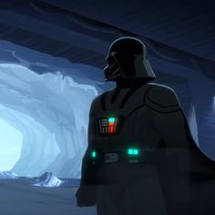 darth vader standing in front of an ice cave with green lights on his eyes