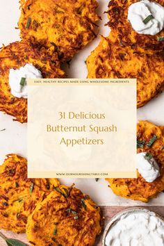 An image showing butternut squash and sage fritters with a text overlay. Butternut Squash Recipes Appetizer, Squash Appetizer, Butternut Squash Appetizer, Squash Appetizers, Healthy Butternut Squash, Savoury Snacks, Butternut Squash Recipes, Thanksgiving And Christmas, Squash Recipes