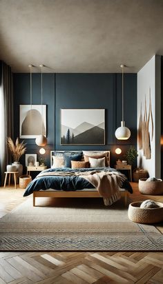 a bedroom with dark blue walls and wooden flooring, artwork on the wall above the bed