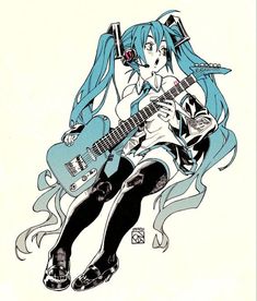 a drawing of a girl with blue hair holding a guitar and playing the electric guitar