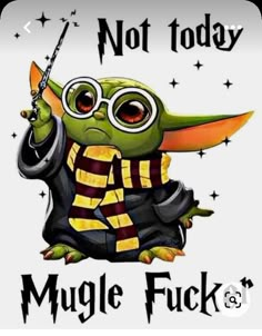 a baby yoda holding a wand in its hand with the words not today mugle f