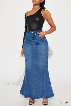 Lasaky - Chic High-Waisted Skinny Denim Skirt - Solid Color (Please Refer to Actual Product for Accurate Appearance) Missy Dresses, Denim Fashion Women, Chic Skirts, Denim Maxi, Denim Patterns, Denim Maxi Skirt, Curvy Dress, Jeans Rock, Maxi Skirts