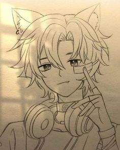 a drawing of an anime character with headphones and a cat ears on his ear