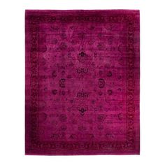 a pink rug with an intricate design on the middle and bottom, in dark purple tones