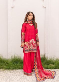 Pakistani Reddish Pink Kameez Trouser and Dupatta Dress Online – Nameera by Farooq Red Sharara With Naqshi For Eid, Red Cambric Dupatta With Zari Work, Red Georgette Churidar With Dabka, Red Raw Silk Dupatta With Dabka, Red Cambric Dupatta For Wedding, Traditional Red Cambric Dupatta, Red Raw Silk Traditional Wear With Naqshi, Red Unstitched Suit With Dupatta For Eid, Red Raw Silk Unstitched Suit With Dupatta