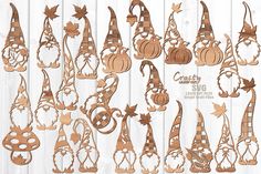 wooden cutouts of pumpkins and gnome hats