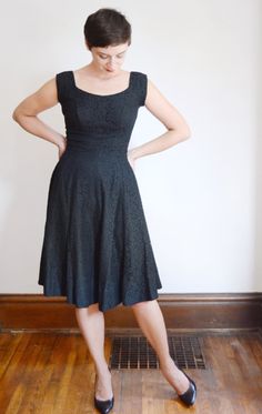 "Description: A gorgeous lined lace dress with a scoop neck and back metal zipper. Fitted waist and a flared skirt. Measurements taken flat, seam to seam, and given in inches. Double where appropriate for circumference, and measure a similar garment you own if you are unsure about fit. Bust: 18\" Waist: 13\" Hips: Open Length: 40\" Tag: No label Fabric: Lace, feels like an acetate lining. Condition: Excellent Follow along on instagram @lovecharlesvintage" Evening Lace Dress Fit And Flare A-line, Evening Fit And Flare A-line Lace Dress, Fitted Lace Dress With Back Zipper For Party, Formal A-line Fitted Lace Dress, Party Lace Fit And Flare Dress, Fit And Flare Lace Party Dress, Fitted A-line Lace Dress, Formal Fit And Flare Lace Dress, Fitted Lace Evening Dress With Back Zipper