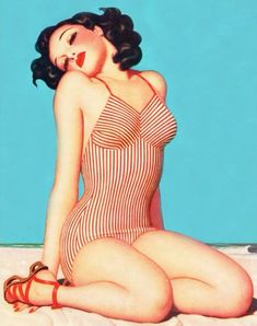 a painting of a woman in a striped bathing suit sitting on the ground with her legs crossed