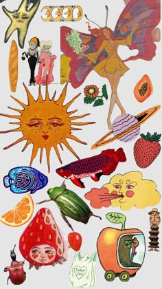 an assortment of stickers that include fruit, vegetables and other things in the shape of a sun