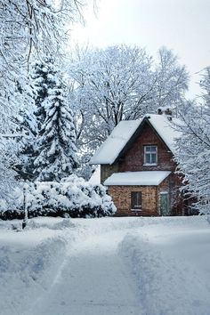 a house covered in snow next to trees