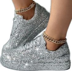 Glamorous Embellished Lace-up Sneakers, Glamorous Rhinestone Sneakers With Round Toe, Silver Glitter Print Lace-up Sneakers, Glamorous Bling Sneakers With Round Toe, Glamorous Bling Lace-up Sneakers, Glamorous Sneakers With Bling And Round Toe, Spring Bling Sneakers With Round Toe, Party Lace-up Synthetic Sneakers, Silver Party Sneakers For Spring