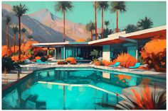 an abstract painting of a pool surrounded by palm trees and colorful chairs with mountains in the background