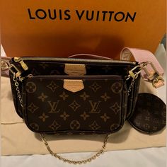 Brand New Louis Vuitton Multi Pochette Accessories Light Pink This Particular One Was Made In France. Will Come With Box And Dust Bag. Please See Pictures. Bought It For $2570 Plus Tax (W/ Tax $2769). Unfortunately I No Longer Have The Receipt With Me. The Multi Pochette Accessoires Is A Hybrid Cross-Body Bag With Multiple Pockets And Compartments That Brings Together A Pochette Accessoires, A Mini Pochette Accessoires And A Round Coin Purse. Fashioned From Monogram Canvas With A Mini Monogram P Elegant Pink Monogram Canvas Shoulder Bag, Multi Pochette Louis Vuitton, Round Coin Purse, Pochette Louis Vuitton, Louis Vuitton Multi Pochette, Pochette Accessories, Pink Monogram, Louis Vuitton Pochette, Louis Vuitton Bags