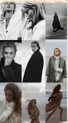 black and white photo collage with woman in long coat on the beach, ocean