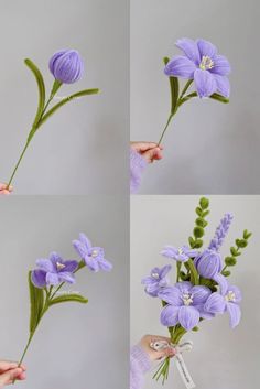 Floral arrangement: handmade purple tulip bouquet for baby shower party gift Flower Gift Ideas, Wire Flowers, Diy Crafts Paper Flowers, Fabric Flowers Diy