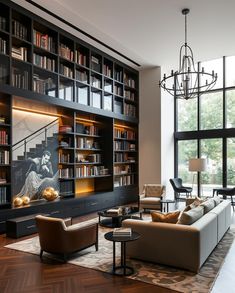 a living room filled with furniture and bookshelves next to a large glass window