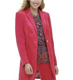 Here is a beautiful NWT Tommy Hilfiger red velvet blazer, size 14, retails for $179. The blazer is lined and has a one button closure. There is an elegant 3 button detail at the cuffs and a gold logo at the front chest (see photo).  Faux front pockets. All buttons are inscribed “Tommy Hilfiger.” Back slit/vent. Length: 35” (ends above knee).   Fit: Reviewers state the jacket fits true to size. Note on fit: With this particular item, if it doesn’t fit and needs to be returned, there will be a ful Tommy Hilfiger Denim Jacket, Red Velvet Jacket, Velvet Suit, Tommy Hilfiger Vintage, Pink Suit, Tommy Hilfiger Jackets, Red Blazer, Vintage Tommy Hilfiger, Velvet Jacket