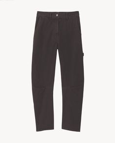 The Carpenter Pant is an oversized, wide-leg cotton trouser. It features a button closure with zip fly, two slash pockets at the front, classic utilitarian pocket details and a hammer loop on the side. Nili Lotan, Carpenter Pants, Back Patch, Military Green, Pocket Detail, Jet Black, Blue Sea, Dark Navy, Army Green