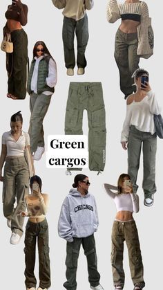 Outfit Inspo With Green Cargo Pants, Aesthetic Clothes Cargo Pants, Cool Cargo Pants Outfits, Green Cargo Fall Outfit, Cute Green Cargo Pants Outfits, Green Cargo Style, Fit With Cargo Pants, Green Pants Ideas Outfit, Outfit Ideas For Green Cargo Pants