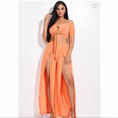 2 Piece Orange Pants Set Fits True To Size. Brand New Summer High Waist Two-piece Bottoms, Casual Split Bottoms For Party, Two-piece High-waist Bottoms For Day Out, Matching Set Bottoms For Night Out In Spring, Two-piece Wide Leg Bottoms For Vacation, High Waist Two-piece Summer Pants, Chic Split Pants For Day Out, Chic Two-piece High-waisted Pants, Two-piece Wide Leg Bottoms For Day Out