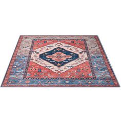 an orange, blue and red rug on a white background with a diamond shape in the middle