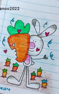 a drawing of a cartoon character holding a carrot