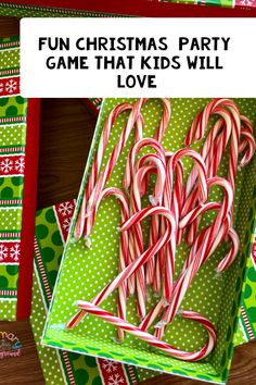 christmas party game that kids will love with candy canes and candies in green boxes