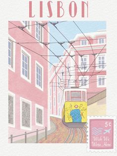 a postage stamp with a train on the tracks in front of some pink buildings and power lines