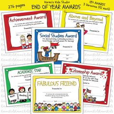 Images of colorful awards for kids. End Of Year Awards, Classroom Awards, Perfect Attendance, Award Ideas, Star Students, Aspiring Author, Positive Comments, End Of School