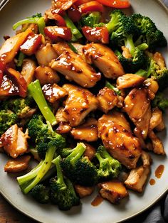 chicken and broccoli stir fry on a plate