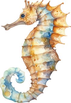 a watercolor painting of a seahorse with blue and yellow spots on it's tail