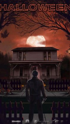 a movie poster for halloween with a man standing in front of a house