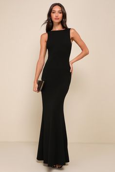 Fall in love with the Lulus Love In Your Eyes Black Knotted Mermaid Maxi Dress and never let it go! Medium-weight stretch knit fabric shapes a bateau-style neckline and fitted, darted bodice supported by wide tank straps. A figure-skimming silhouette falls to a full-length maxi skirt with a flattering mermaid hem. Turn around to reveal a cute cutout back with a knotted strap. Hidden side zipper. Fit: This garment fits true to size. Length: Floor length. Size medium measures 61.5" from shoulder t Lulus Dress Black, Simple Black Dress With Sleeves, Formal Black Dress For Women, Black Tie Black Dress Outfit, Black Tie Maid Of Honor Dress, Black Satin Wedding Guest Dress, High Neck Black Tie Dress, Black Cocktail Dresses Classy, Long Formal Dresses Black