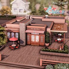 an animated rendering of a small restaurant with tables and umbrellas on the outside patio