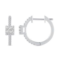 Dress up your ears in charming detail when you wear these cushion-shaped multi-diamond huggie hoop earrings in white gold. Created in 14K white gold Each earring showcases a cushion-shaped composite of sparkling diamonds. The diamond-lined hoop provides a sparkling back drop. Radiant with 1/2 ct. t.w. of diamonds These earrings secure with hinged backs. Diamond Halo Huggie Earrings, Formal Huggie Diamond Earrings With Halo, Formal Halo Huggie Diamond Earrings, Classic Diamond Huggie Earrings With Halo, Diamond Huggie Earrings With Halo, White Diamond Huggie Earrings, Fine Jewelry, White Gold Diamond Huggie Earrings With Halo Design, Formal Diamond Huggie Earrings With Halo, Formal Diamond Halo Huggie Earrings