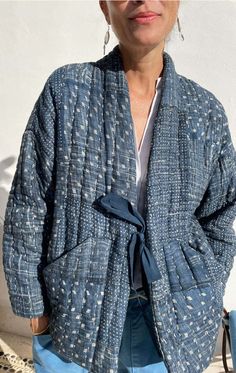 Two Kantha Jacket - Indigo Patchwork Japanese Coat Pattern, Denim Jacket Quilt Back, Kantha Jacket Sewing Pattern, Quilted Kimono Jacket Sewing Patterns, Winter Cotton Patchwork Denim Jacket, Traditional Cotton Patchwork Outerwear, Sashiko Jacket, Indigo Patchwork, Softest Blanket