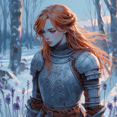 a painting of a woman with red hair and armor standing in the middle of a snowy forest