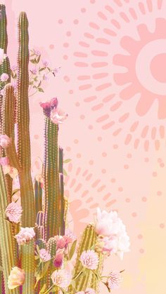 a painting of cactus and flowers in front of an orange, pink, yellow and purple background