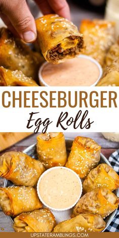 cheeseburger egg rolls with dipping sauce on top and in the background text overlay