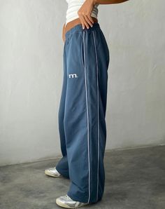 Blue with 'M' Embroidery Wide Leg Jogger | Benton – motelrocks-com-us Wide Leg Joggers Outfit, Uni Fits, Joggers Outfit, Embroidery Detailing, Bandeau Dress, Wide Legs, Womens Sweatpants, Lace Tops, Printed Skirts