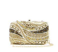 Sparkly white and cream clutch and evening bag Hard box case Heavy embroidery silver, gold, gray, and cream beads, stones, and sequins. fold-over clasp closure inside pocket Back is a plain off-white woven fabric Gold chain strap with 23" drop for shoulder or crossbody wear Embellished Beige Evening Bag As Gift, Beige Embellished Evening Bag As Gift, Beige Embellished Rectangular Evening Bag, Formal Embellished Beige Clutch, Formal Beige Embellished Clutch, Beige Rectangular Evening Bag With Pearl Embroidery, Gold Rectangular Evening Bag With Pearl Embroidery, Beaded Beige Evening Bag, Cream Embellished Rectangular Clutch