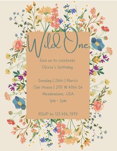 a floral birthday party card with the words wild one in blue, orange and pink