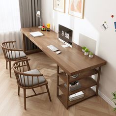 a computer desk with two chairs next to it