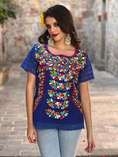 Mexican Floral Embroidered Blouse. Size S 3X. Traditional - Etsy Blue Top With Intricate Embroidery For Festivals, Festive Blue Top With Floral Embroidery, Festive Short Sleeve Top With Embroidered Neckline, Festive Tops With Intricate Embroidery And Short Sleeves, Festival Embroidered Multicolor Top, Blue Short Sleeve Folk Blouse, Blue Tops With Intricate Embroidery In Traditional Style, Traditional Blue Tops With Motif, Blue Traditional Tops With Intricate Embroidery