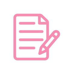 a pink pen and paper with a check mark on the bottom right hand corner, in front of a white background