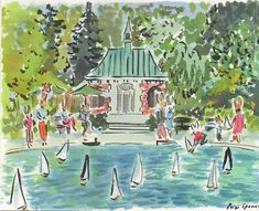 watercolor painting of people walking in front of a building with sailboats on the lake