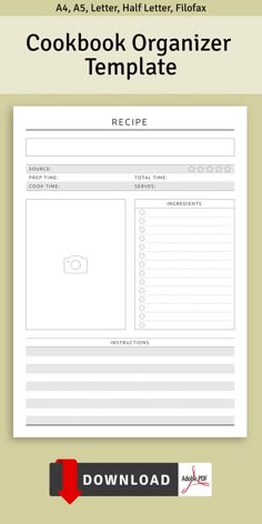 the cookbook organizer template is shown