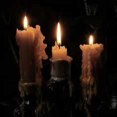 three lit candles sitting next to each other