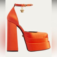 Orange Platform Versace Heels. Brand New. Never Worn Versace Heels Platform, Orange Platform Heels, Versace Pumps, Versace Heels, Barbie Party Decorations, Orange Heels, Dressy Hats, Versace Shoes, Rhinestone Heels